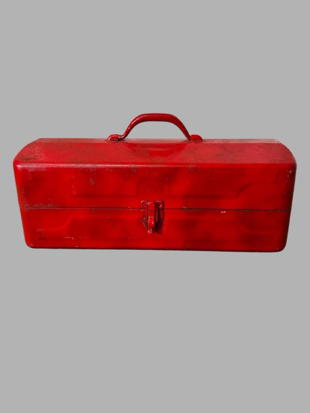 Vintage red metal cantilever toolbox – Blue tiered trays industrial storage